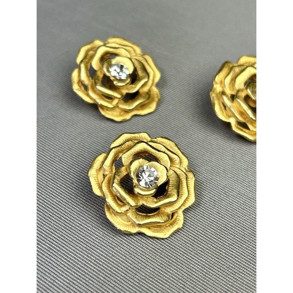 3 Gold Tone Rose‎ With Faux Rhinestone Flower Metal Shank Buttons
